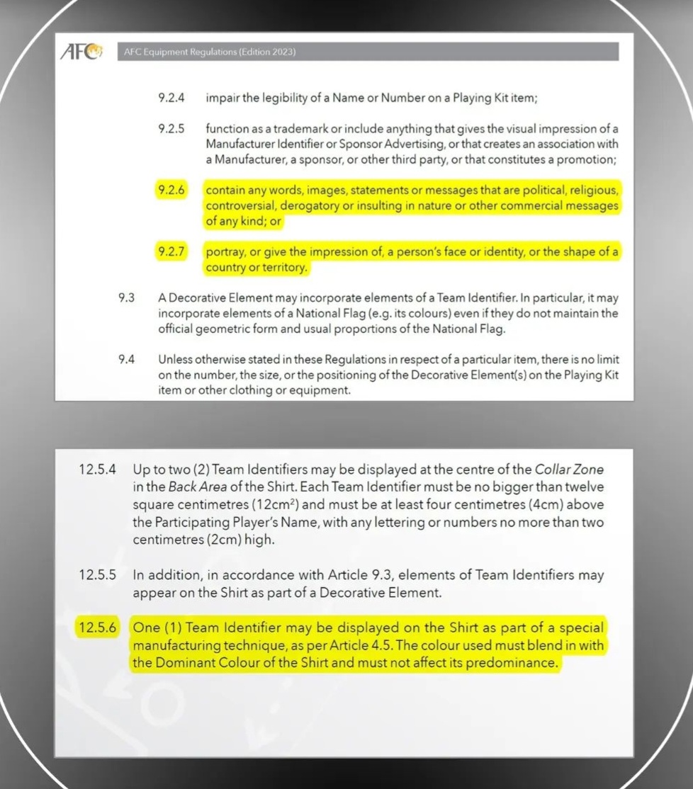 تصویر قانون های afc در خصوص پیراهن های مجاز آسیا